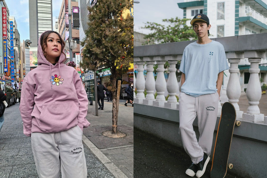 A Sleeping Samurai Happy Flowers Pink Hoodie and Light Blue T-Shirt