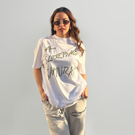 Model wearing white Graffiti Message T-Shirt front view
