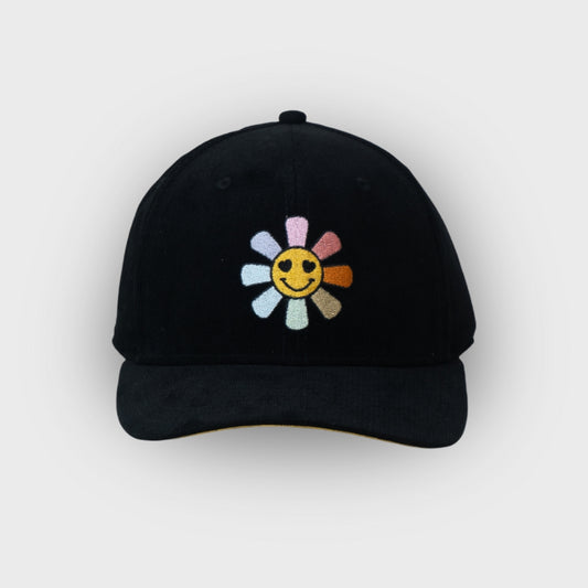 A Sleeping Samurai Happy Flowers Black Corduroy Cap Front View