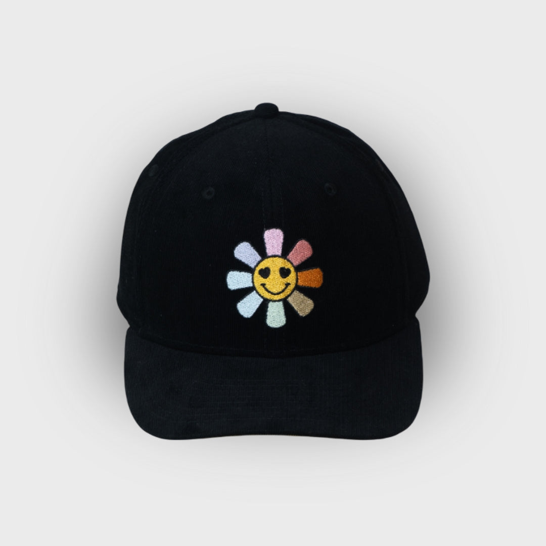 A Sleeping Samurai Happy Flowers Black Corduroy Cap Front View