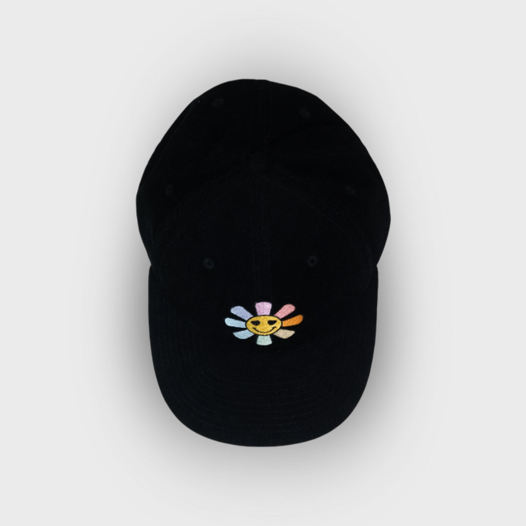 A Sleeping Samurai Happy Flowers Black Corduroy Cap Top View
