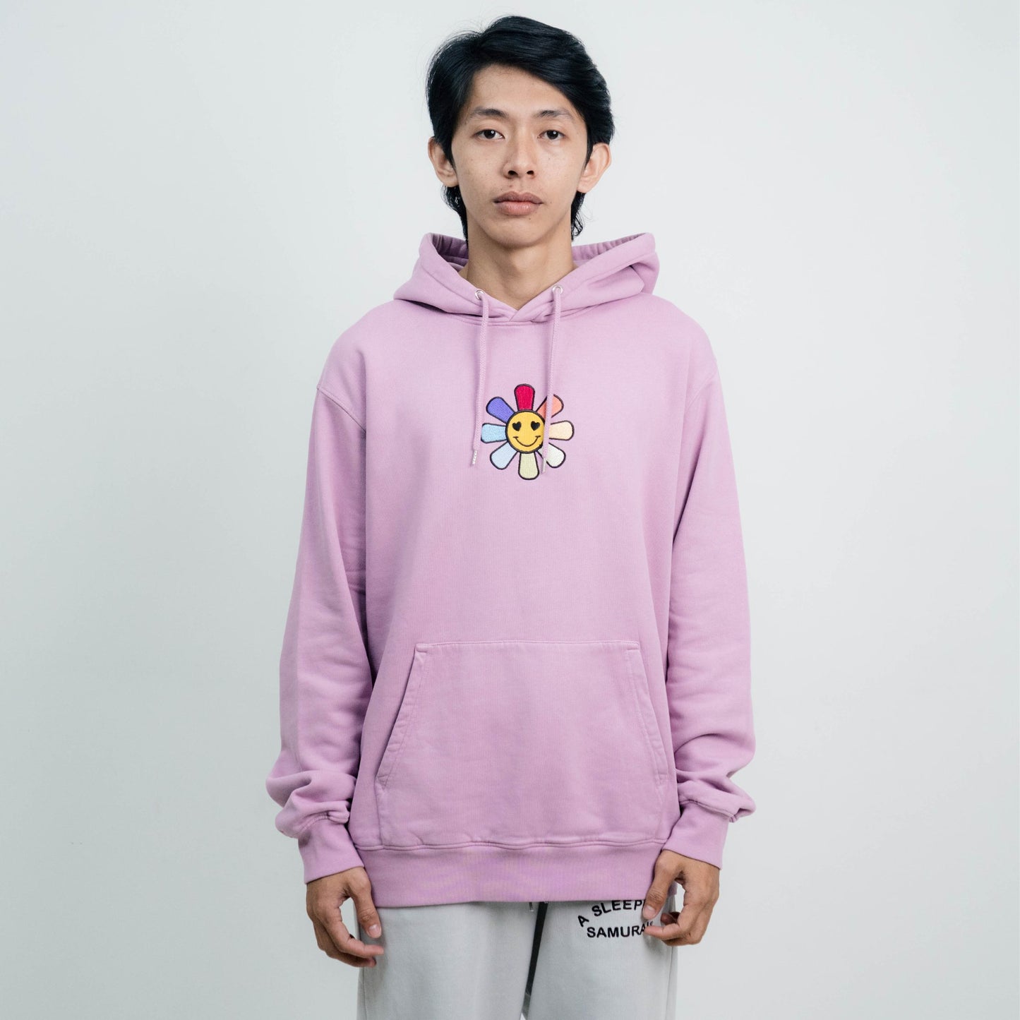 Male model wearing A Sleeping Samurai Happy Flowers Pink Hoodie