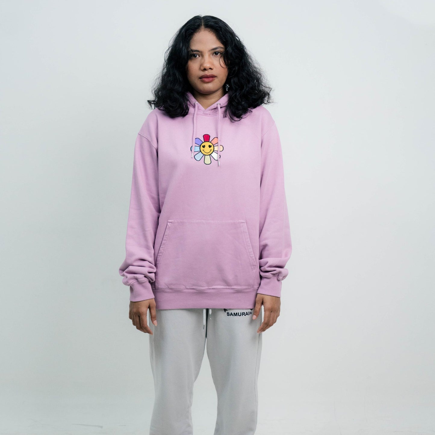 Female model wearing A Sleeping Samurai Happy Flowers Pink Hoodie