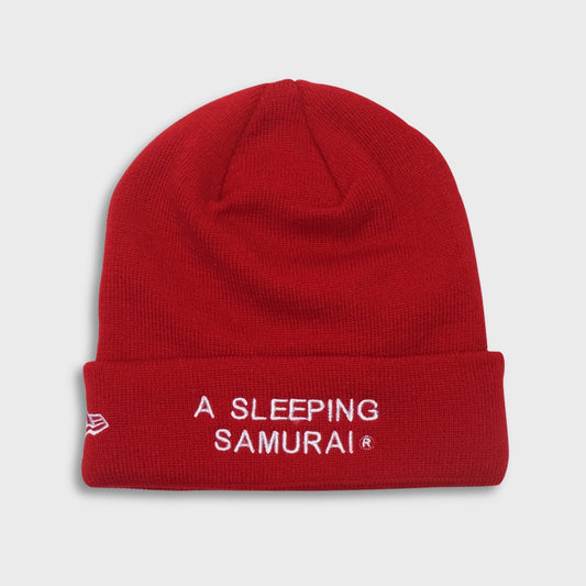A Sleeping Samurai New Era Red Melted Smilie Beanie back view