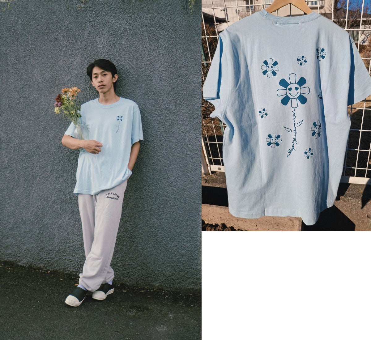 A Skeeping Samurai Happy Flowers Light-Blue T-Shirt