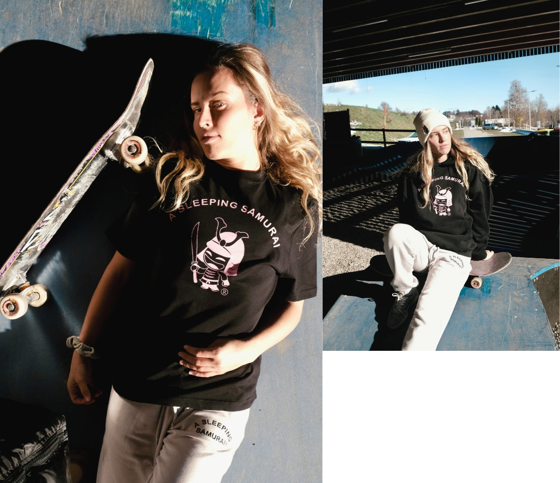 Skateboarder Alisa wearing A SLEEPING SAMURAI T-Shirt