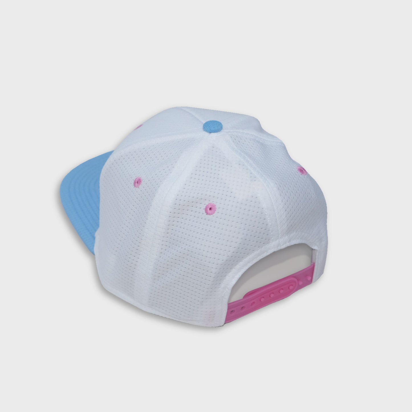 A Sleeping Samurai Sakura baseball cap in white, pale blue, and pink back view