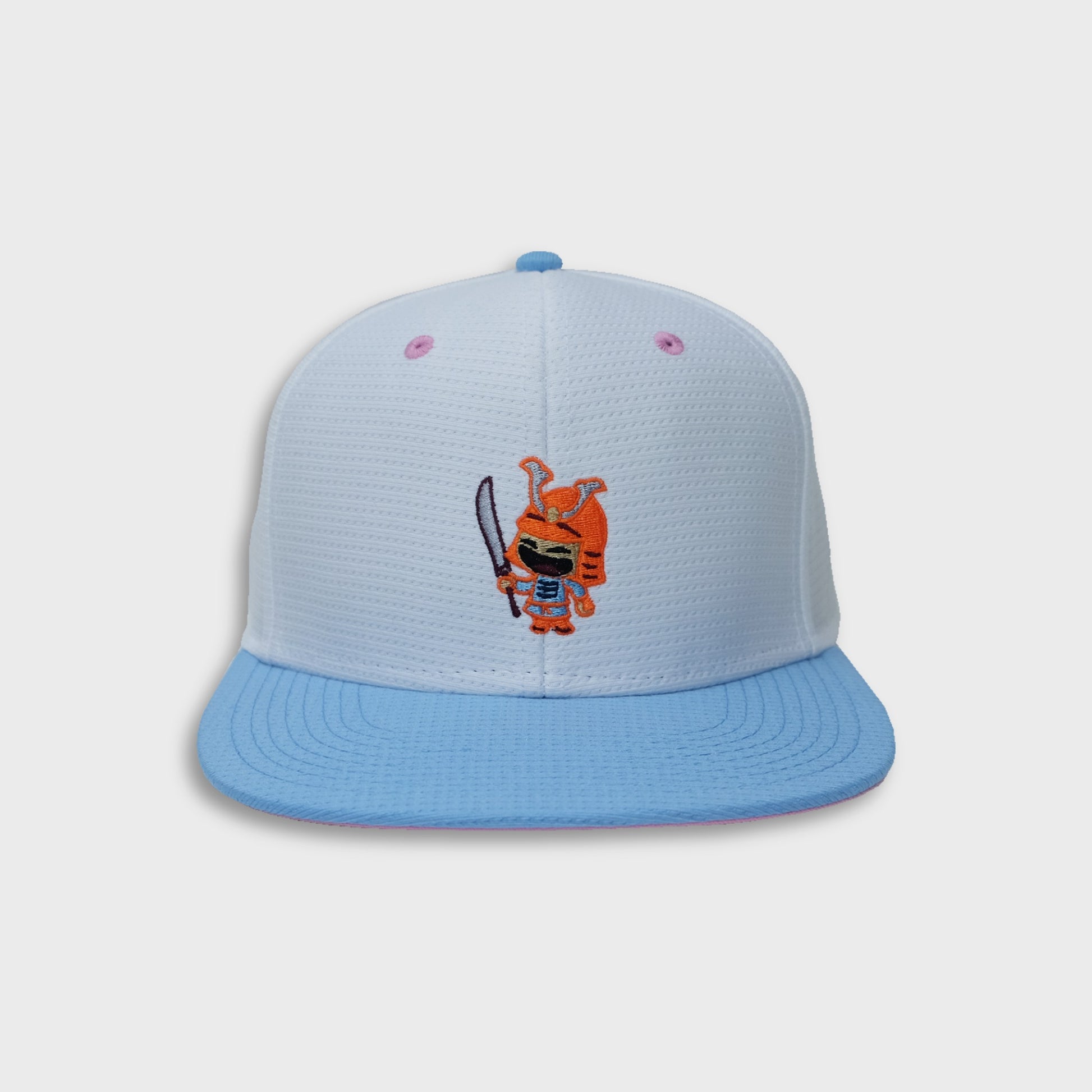 A Sleeping Samurai Sakura baseball cap in white, pale blue, and pink front view