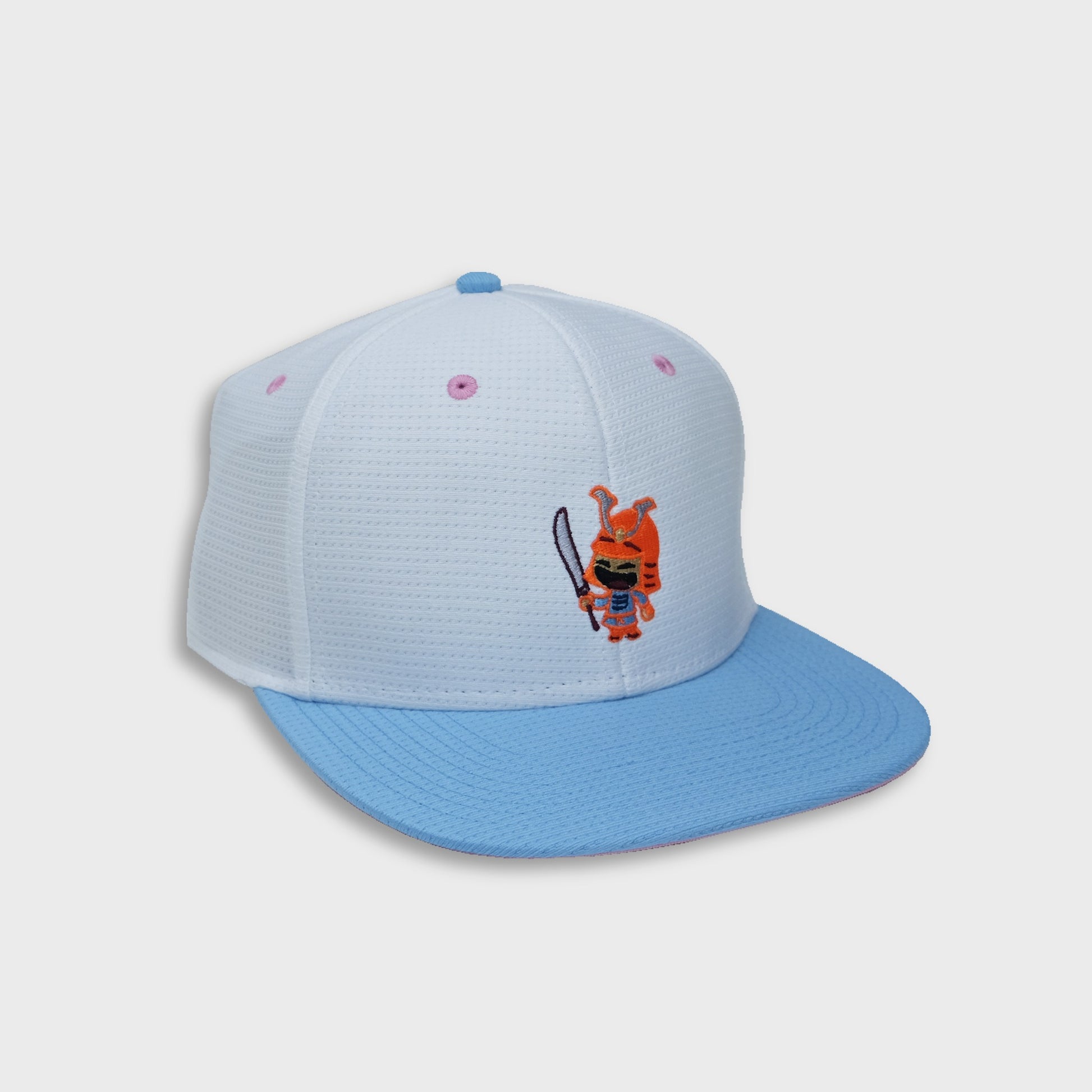 A Sleeping Samurai Sakura baseball cap in white, pale blue, and pink front side view