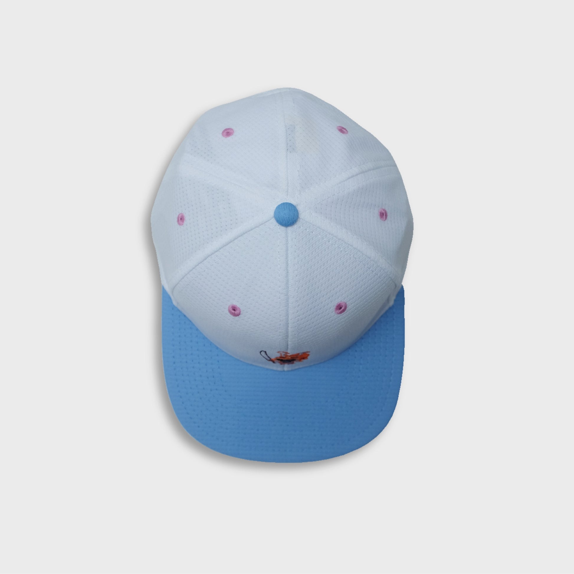 A Sleeping Samurai Sakura baseball cap in white, pale blue, and pink top view