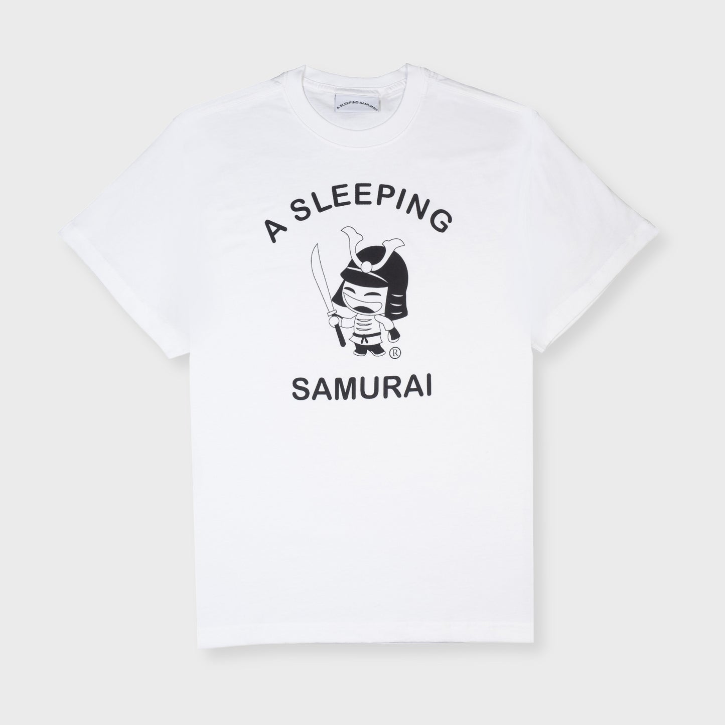 A Sleeping Samurai College Silhouette Logo Short Sleeve T-Shirt in white organic cotton front view