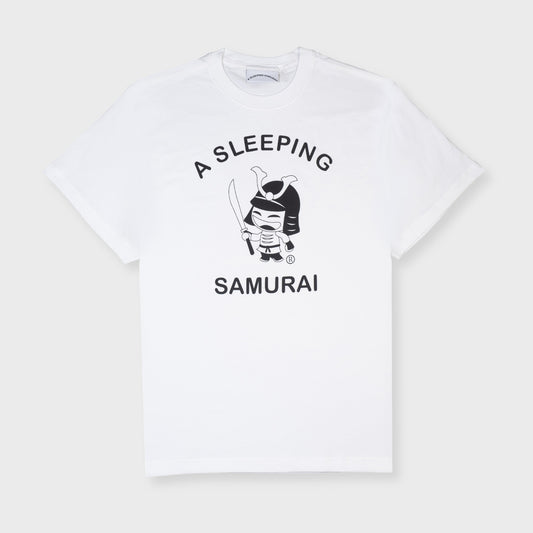 A Sleeping Samurai College Silhouette Logo Short Sleeve T-Shirt in white organic cotton front view