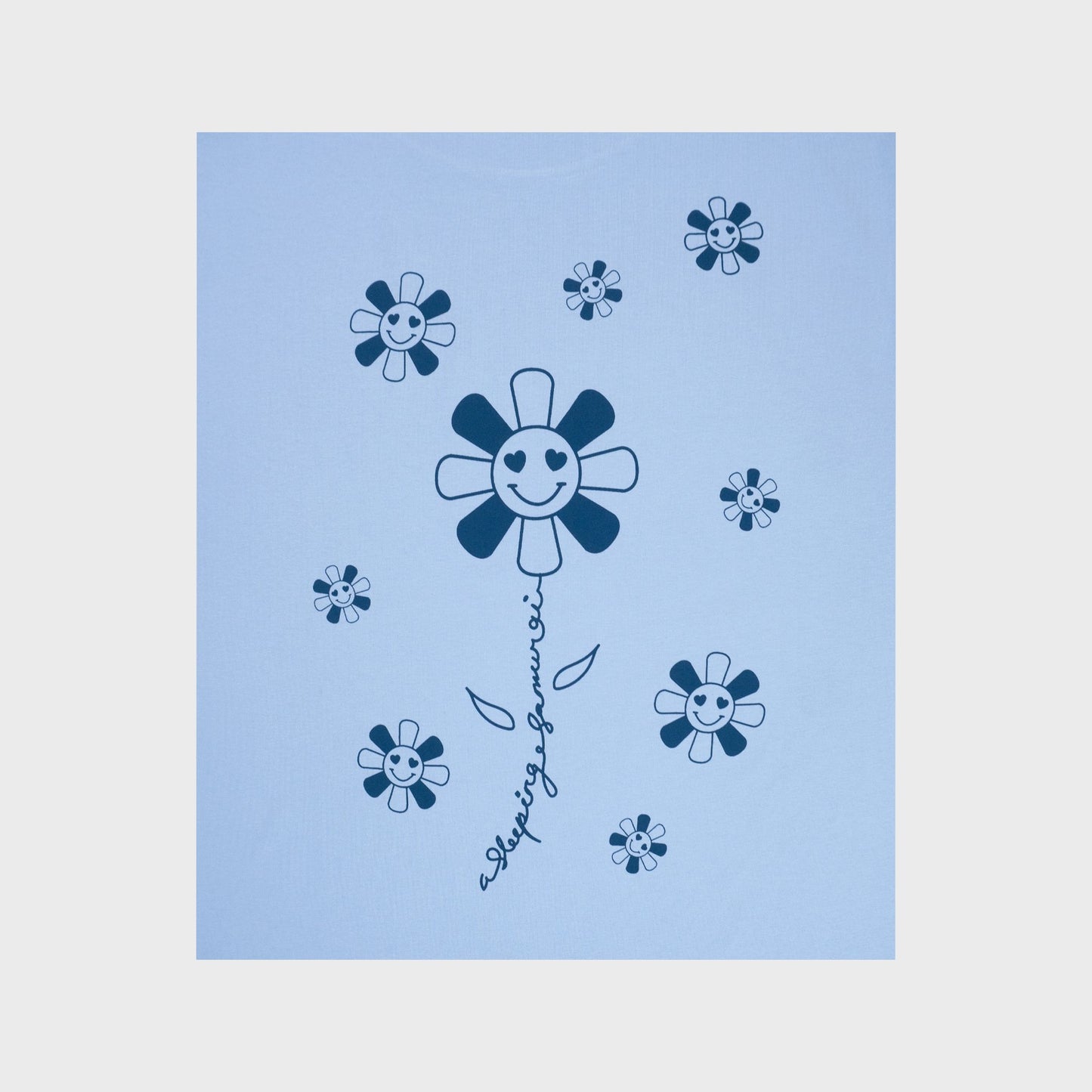 A Sleeping Samurai Happy Flowers Light Blue T-Shirt Back Closeup