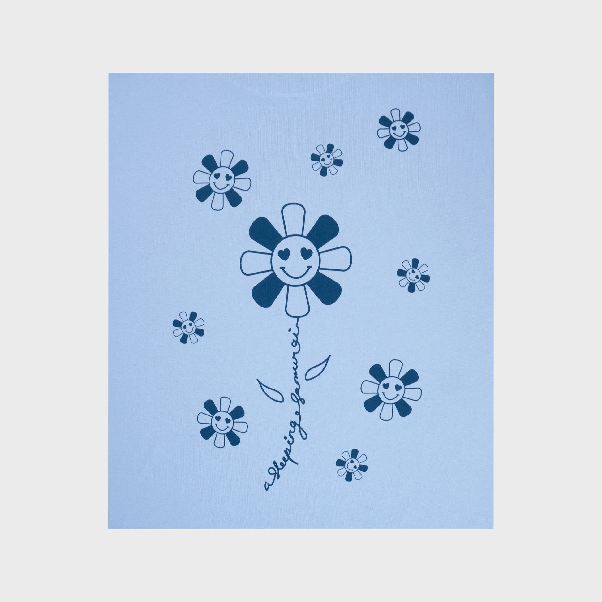 A Sleeping Samurai Happy Flowers Light Blue T-Shirt Back Closeup