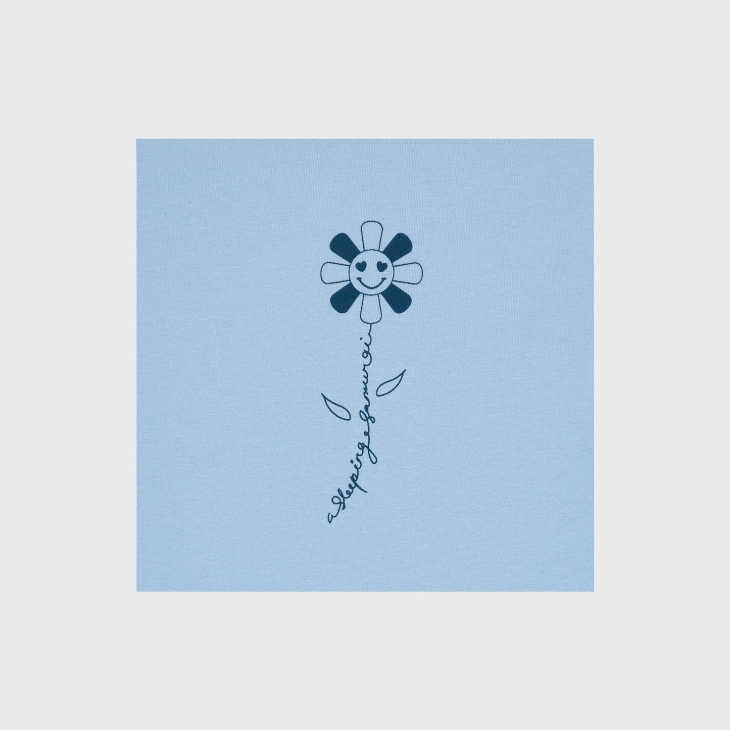 A Sleeping Samurai Happy Flowers Light Blue T-Shirt Front Closeup