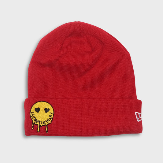 A Sleeping Samurai New Era Red Melted Smilie Beanie front view